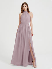 Col Haut Mousseline Robes Avec Fente Et Ceinture Nœud Dusk Grande Taille