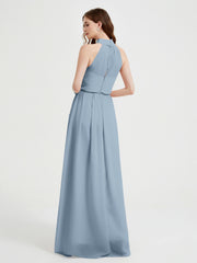 Col Haut Mousseline Robes Avec Fente Et Ceinture Nœud Bleu Poudré