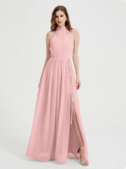 Col Haut Mousseline Robes Avec Fente Et Ceinture Nœud Rose Poudré