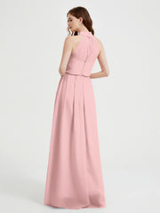 Col Haut Mousseline Robes Avec Fente Et Ceinture Nœud Rose Poudré Grande Taille