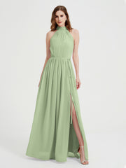 Col Haut Mousseline Robes Avec Fente Et Ceinture Nœud Sauge Poudrée
