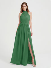 Col Haut Mousseline Robes Avec Fente Et Ceinture Nœud Emeraude