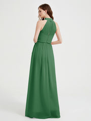 Col Haut Mousseline Robes Avec Fente Et Ceinture Nœud Emeraude Grande Taille