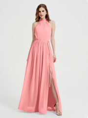 Col Haut Mousseline Robes Avec Fente Et Ceinture Nœud Flamant