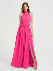 Col Haut Mousseline Robes Avec Fente Et Ceinture Nœud Fuchsia Grande Taille