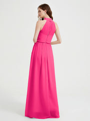 Col Haut Mousseline Robes Avec Fente Et Ceinture Nœud Fuchsia Grande Taille
