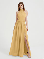 Col Haut Mousseline Robes Avec Fente Et Ceinture Nœud Or