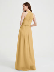 Col Haut Mousseline Robes Avec Fente Et Ceinture Nœud Or Grande Taille