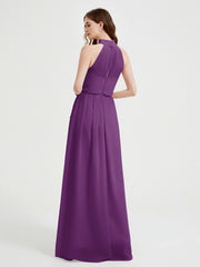 Col Haut Mousseline Robes Avec Fente Et Ceinture Nœud Raisin Grande Taille