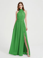Col Haut Mousseline Robes Avec Fente Et Ceinture Nœud Vert Grande Taille