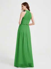 Col Haut Mousseline Robes Avec Fente Et Ceinture Nœud Vert Grande Taille
