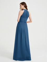 Col Haut Mousseline Robes Avec Fente Et Ceinture Nœud Bleu Encre