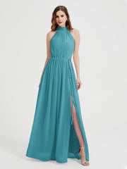 Col Haut Mousseline Robes Avec Fente Et Ceinture Nœud Jade
