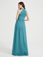 Col Haut Mousseline Robes Avec Fente Et Ceinture Nœud Jade Grande Taille