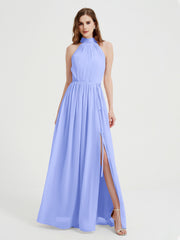 Col Haut Mousseline Robes Avec Fente Et Ceinture Nœud Lavande Grande Taille