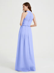 Col Haut Mousseline Robes Avec Fente Et Ceinture Nœud Lavande