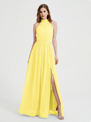 Col Haut Mousseline Robes Avec Fente Et Ceinture Nœud Citron