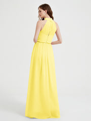 Col Haut Mousseline Robes Avec Fente Et Ceinture Nœud Citron Grande Taille