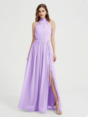 Col Haut Mousseline Robes Avec Fente Et Ceinture Nœud Lilas Grande Taille