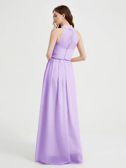 Col Haut Mousseline Robes Avec Fente Et Ceinture Nœud Lilas