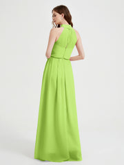 Col Haut Mousseline Robes Avec Fente Et Ceinture Nœud Vert Citron Grande Taille