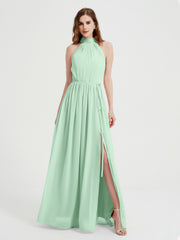Col Haut Mousseline Robes Avec Fente Et Ceinture Nœud Vert Menthe