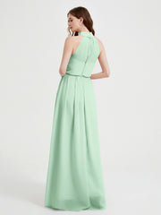 Col Haut Mousseline Robes Avec Fente Et Ceinture Nœud Vert Menthe Grande Taille