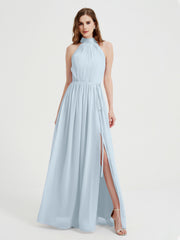 Col Haut Mousseline Robes Avec Fente Et Ceinture Nœud Brume