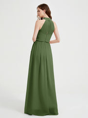 Col Haut Mousseline Robes Avec Fente Et Ceinture Nœud Mousse