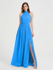 Col Haut Mousseline Robes Avec Fente Et Ceinture Nœud Bleu Océan Grande Taille