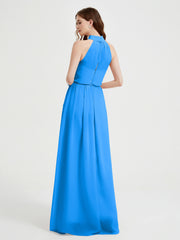 Col Haut Mousseline Robes Avec Fente Et Ceinture Nœud Bleu Océan