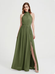Col Haut Mousseline Robes Avec Fente Et Ceinture Nœud Olive Verte