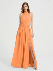 Col Haut Mousseline Robes Avec Fente Et Ceinture Nœud Orange