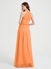 Col Haut Mousseline Robes Avec Fente Et Ceinture Nœud Orange Grande Taille