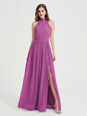 Col Haut Mousseline Robes Avec Fente Et Ceinture Nœud Orchidee Grande Taille