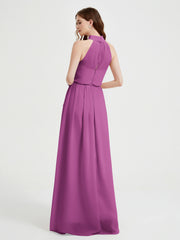 Col Haut Mousseline Robes Avec Fente Et Ceinture Nœud Orchidee
