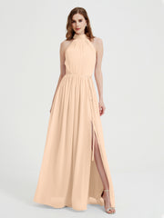 Col Haut Mousseline Robes Avec Fente Et Ceinture Nœud Pêche