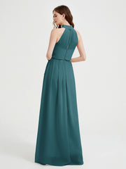 Col Haut Mousseline Robes Avec Fente Et Ceinture Nœud Paon