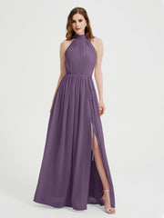 Col Haut Mousseline Robes Avec Fente Et Ceinture Nœud Plum