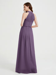 Col Haut Mousseline Robes Avec Fente Et Ceinture Nœud Plum