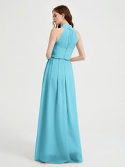 Col Haut Mousseline Robes Avec Fente Et Ceinture Nœud Piscine
