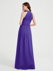 Col Haut Mousseline Robes Avec Fente Et Ceinture Nœud Régence