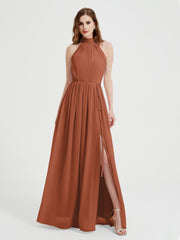 Col Haut Mousseline Robes Avec Fente Et Ceinture Nœud Rouille