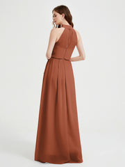 Col Haut Mousseline Robes Avec Fente Et Ceinture Nœud Rouille