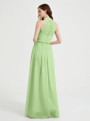 Col Haut Mousseline Robes Avec Fente Et Ceinture Nœud Sauge