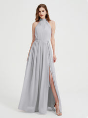 Col Haut Mousseline Robes Avec Fente Et Ceinture Nœud Argent