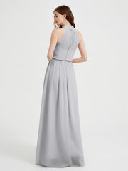 Col Haut Mousseline Robes Avec Fente Et Ceinture Nœud Argent Grande Taille