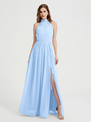 Col Haut Mousseline Robes Avec Fente Et Ceinture Nœud Bleu Ciel Grande Taille