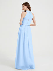 Col Haut Mousseline Robes Avec Fente Et Ceinture Nœud Bleu Ciel
