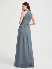 Col Haut Mousseline Robes Avec Fente Et Ceinture Nœud Bleu de Schiste